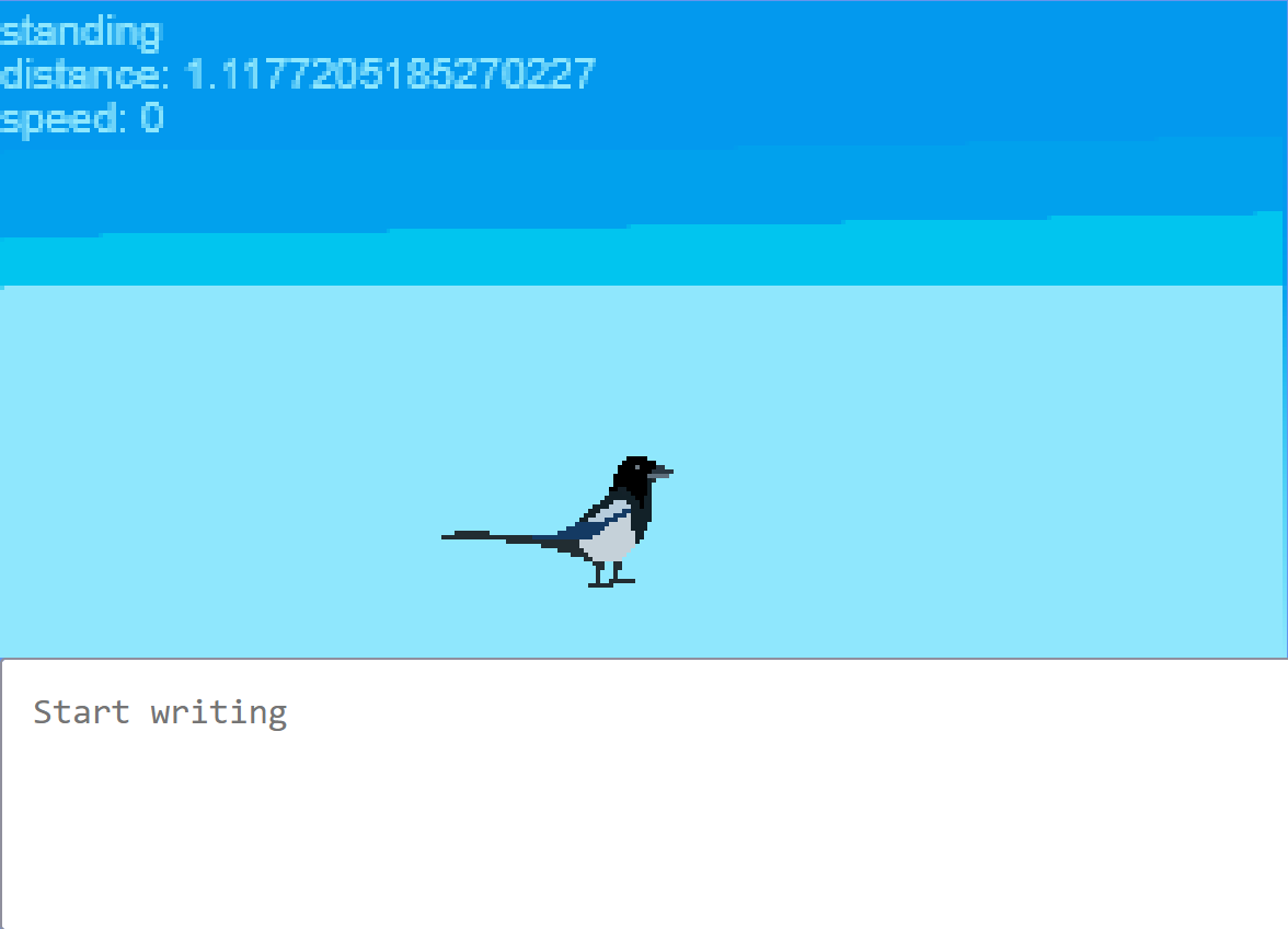 A prototype video game with debugging messages, a cute magpie sitting in the middle
