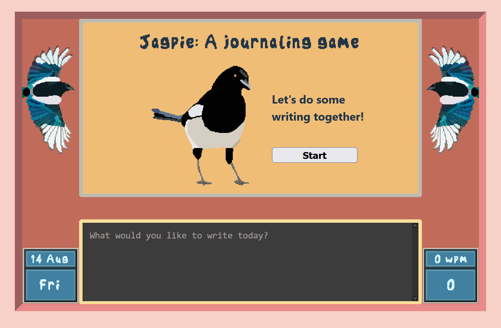 The title screen of the game, across the top of the page is "Jagpie: A journaling game". There is a button to start the game.