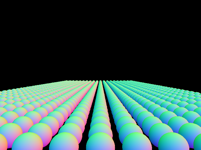 a room filled with hundreds of spheres lined up in rows, each sphere is coloured pink on its left side and blue on its right side